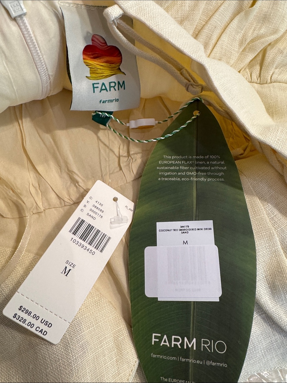 NWT Farm Rio Babydoll Palm Tree Mini Linen Cream Dress M - Picture 9 of 9